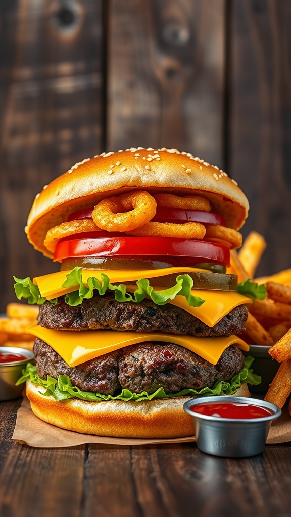 A close-up of a gourmet cheeseburger with a juicy patty, cheese, lettuce, tomato, pickles, and onion rings on a rustic wooden surface.